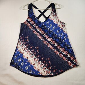 Maurices Womens Tunic Tank Top Size Medium Dk Blue Floral Cross Strap Back  NWT